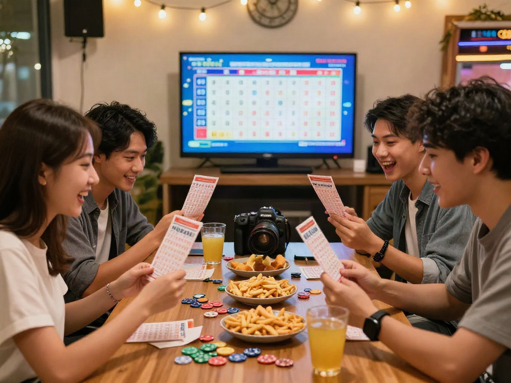 Friends checking their toto togel lottery tickets in a lively gaming lounge.