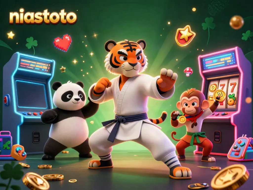NIASTOTO introduces a dynamic casino scene featuring a kung fu tiger, panda, and monkey amidst vibrant slot machine elements.