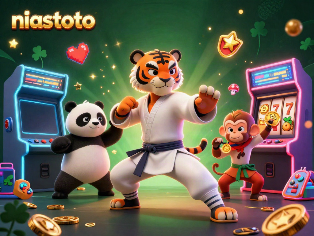 NIASTOTO introduces a dynamic casino scene featuring a kung fu tiger, panda, and monkey amidst vibrant slot machine elements.