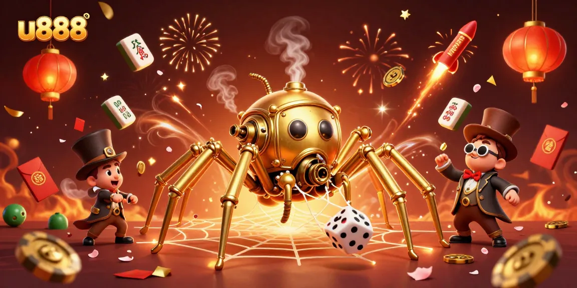 u888's 3D illustration of a steampunk spider in a casino-themed web, capturing dice amid gold accents.