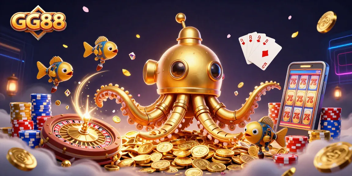 Experience GG88's exciting casino world with a captivating digital kraken amidst golden treasures.