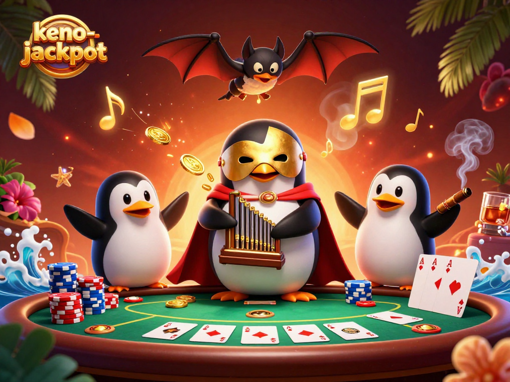 Spin the keno-jackpot with golden coins showering as the phantom penguin entertains in a vibrant casino scene.