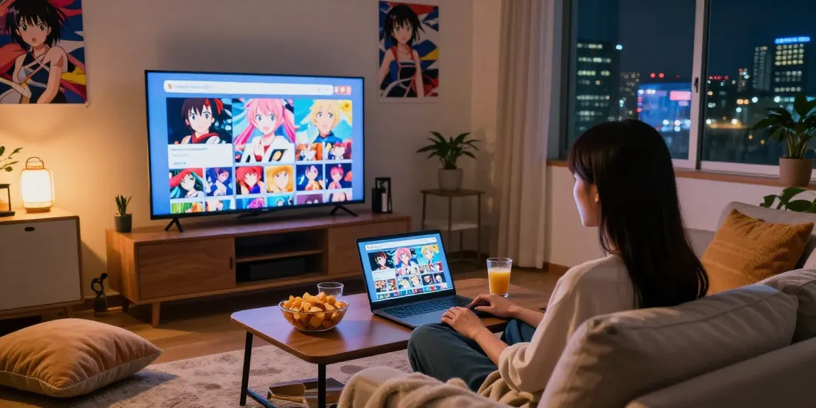 Enjoying anime streaming on https://animehay.zip/ in a cozy living room with snacks.