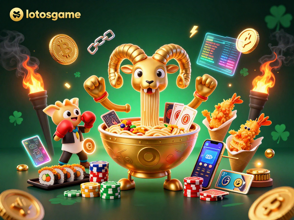 Lotosgame interactive 3D casino scene showcasing a giant ramen bowl and sushi dealer vibrant with crypto elements.