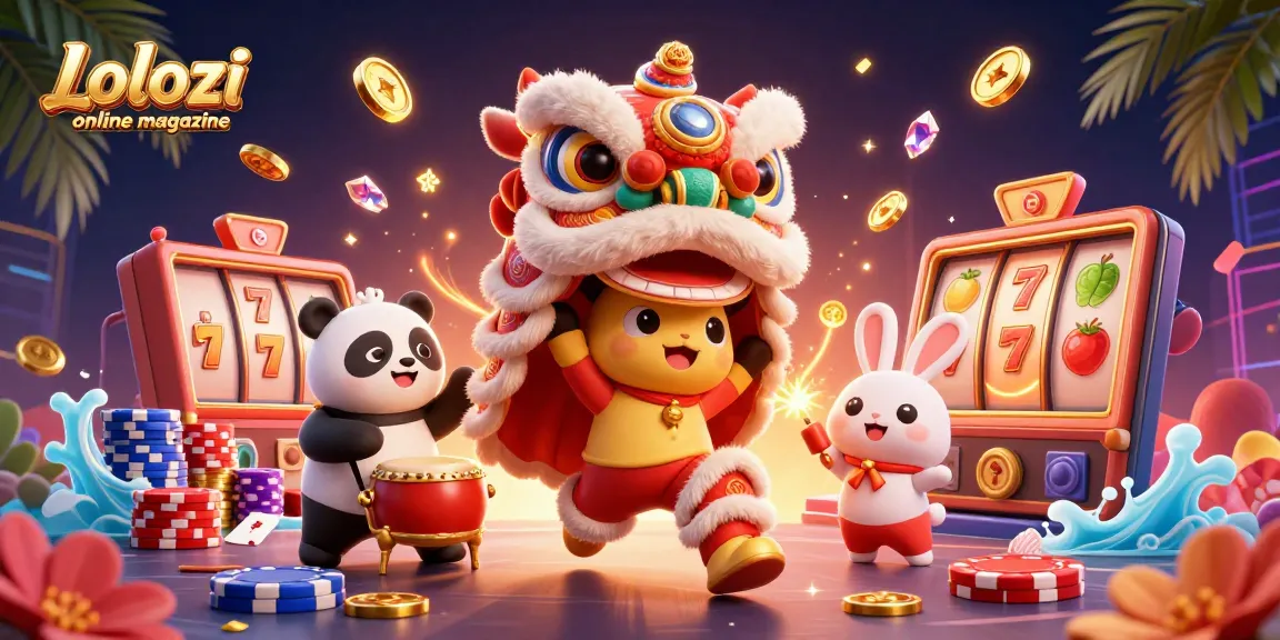Lolozi online magazine showcases a vibrant gambling scene with lively characters and dynamic slot machine elements.