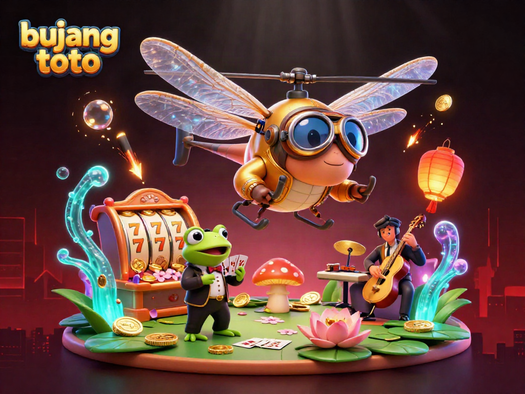 Experience exciting wins at Bujang Toto with vibrant casino artwork featuring a dragonfly pilot and lively card games.