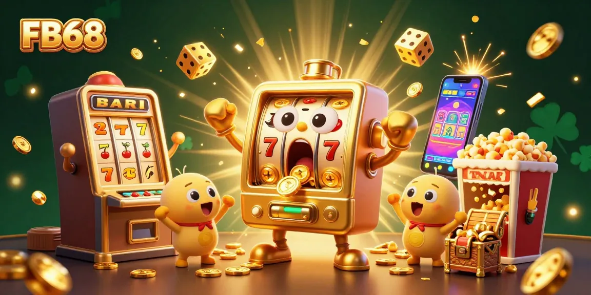 Experience the excitement at FB68 as a golden slot machine hits a jackpot, showering coins everywhere!