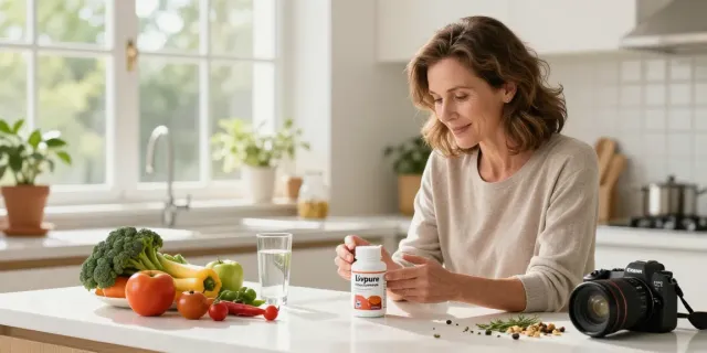 Woman reviewing Livpure weight loss review in a bright kitchen with fresh ingredients.