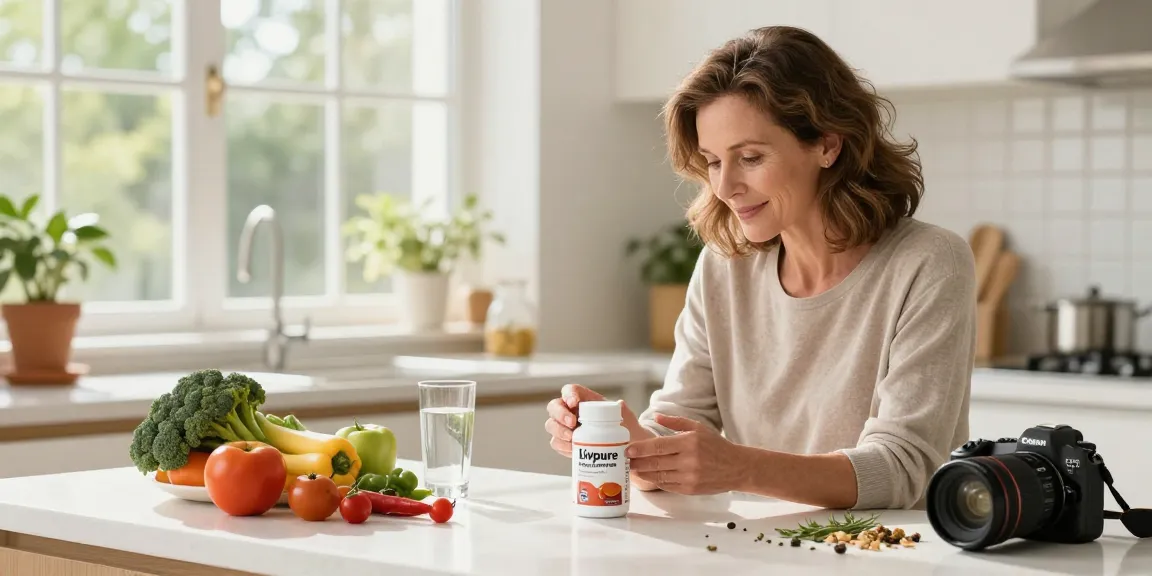 Woman reviewing Livpure weight loss review in a bright kitchen with fresh ingredients.