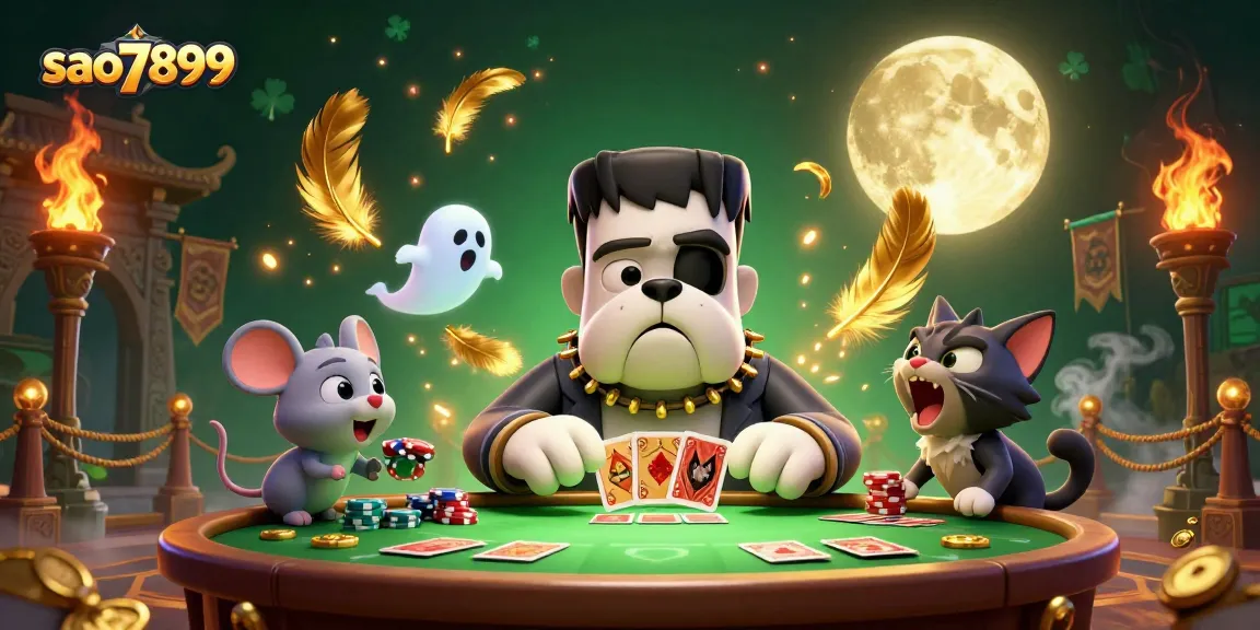 Join the thrilling action at sao7899 with a cartoon Frankenstein bulldog dealing cards amidst ghostly gaming elements.