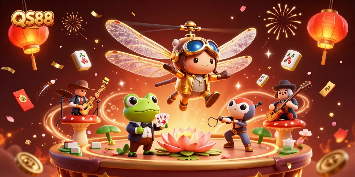 Experience the excitement of QS88 casino with a dynamic dragonfly pilot and frog dealer amidst magical casino elements.